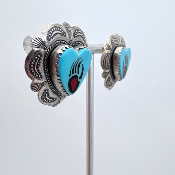VTG Sterling Silver 925 Turquoise Bear Paw Heart Earrings Size 1" Length - Picture 3 of 11